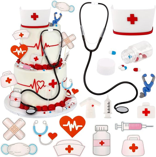 Hooqict 27Pcs Nurse Graduation Cake Decorations Set with Mini Cap, Medical Kit, Medicine, Nurse Cake Toppers & Cupcake Toppers for Medical Birthday Decorations Nursing Graduation Party Supplies
