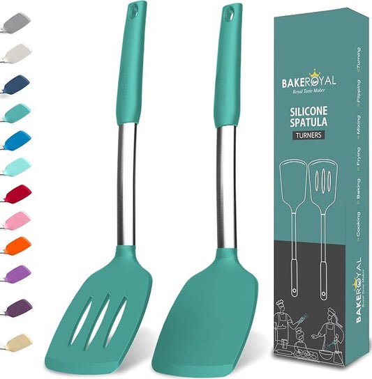 BakeRoyal Silicone Spatula Set - Turner Spatulas Silicone Heat Resistant 600°F - Slotted & Solid Spatula for Cooking Fish, Eggs, Pancakes Flipper – Spatulas for kitchen use – Turquoise