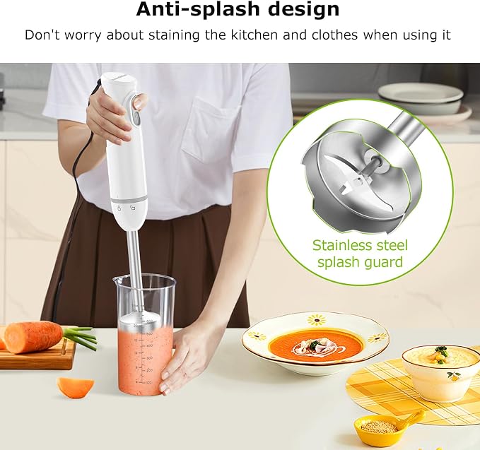 Bonsenkitchen Hand Blender, Immersion Blender with 2 Mixing Speed, Electric Portable Handheld Stick Mixer with Stainless Steel Blades for Soup, Smoothie, Puree, Baby Food, White