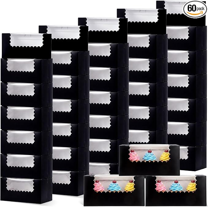 Ireer 60 pcs 8x4x4 Inch Bakery Boxes with Window Cookies Boxes Pumpkin Roll Container Donut Box Pastry Cake Packaging Safe for Cookies Loaf Muffins Breads Dessert Candies Treat (Black)