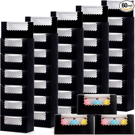 Ireer 60 pcs 8x4x4 Inch Bakery Boxes with Window Cookies Boxes Pumpkin Roll Container Donut Box Pastry Cake Packaging Safe for Cookies Loaf Muffins Breads Dessert Candies Treat (Black)