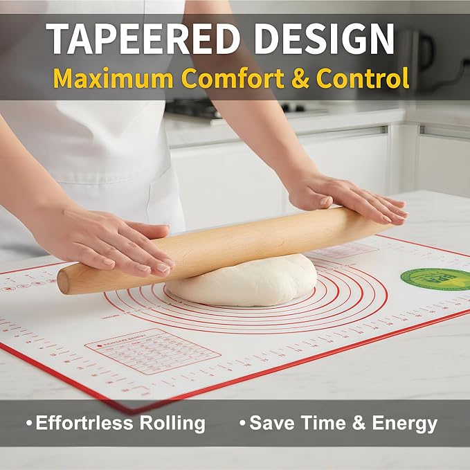 Rolling Pin and Silicone Baking Mat Set, Non-Stick Beech Wood Rolling Pin 15.7 Inch and Pastry Mat(40cm*60cm) for Best Pie Crust, Cookie, Pasta and Pizza Dough