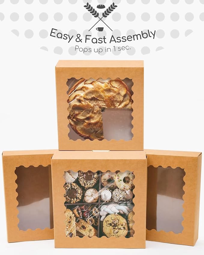 qiqee Auto-pop Up 30pcs Pie Box With Window 9x9x2.5 Inch Donut Pastry Boxes Brown Bakery Box