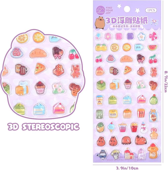 Girl's 3D Cute Japanese Puff Sticker, 100+ Kawaii Dessert and Animal Mini Puffy Stickers, for DIY Scrapbooks Planner Journals Laptops Phone Case Decoration Gifts Rewards, Cream Cheese