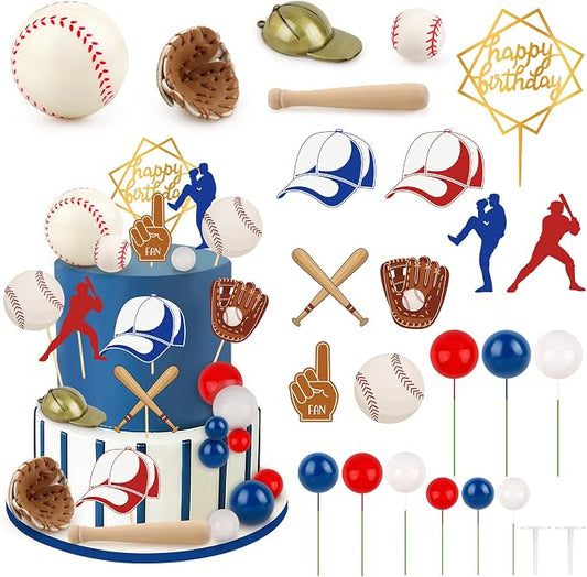 Hooqict 26Pcs Baseball Cake Decorations Set with Mini Balls, Player, Caps, Gloves, Bats, Baseball Birthday Cake Toppers & Cupcake Toppers for Boys Men Sports Themed Birthday Party Decorations Supplies