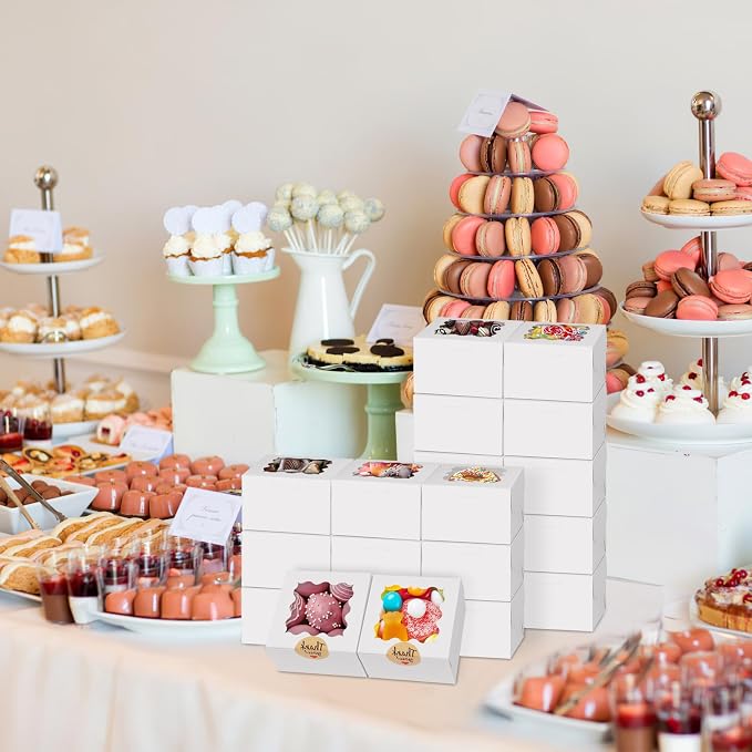 WINKIO 48pcs White Cookie Boxes, 4x4x2.5 Inches Bakery Boxes with Window, for Mini Cake Treat Dessert Pastry Donuts Macaroon Strawberries Chocolate Candy (with Stickers)