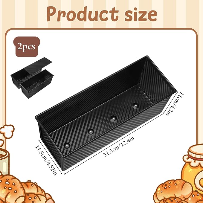 2 Pack Pullman Loaf Pan with Lid, 2.2Lb Non-stick Coating Bread Pan 12.4*4.52*4.3inch Easy to Demold Sandwich Loaf Pans Bread Baking Pans with Lid for Breads Shop Homemade Breads with Family