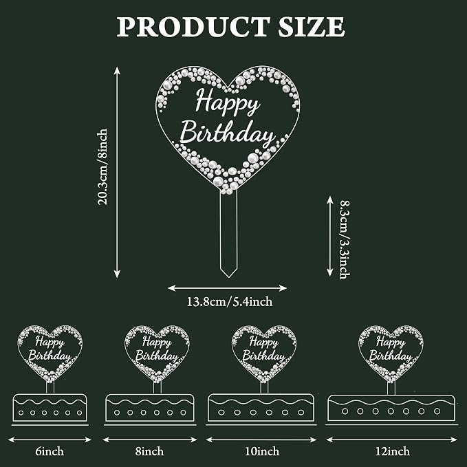 Coucoland Birthday Cake Topper - Heart Acrylic Cake Decor with Elegant Pearls for Party Supplies