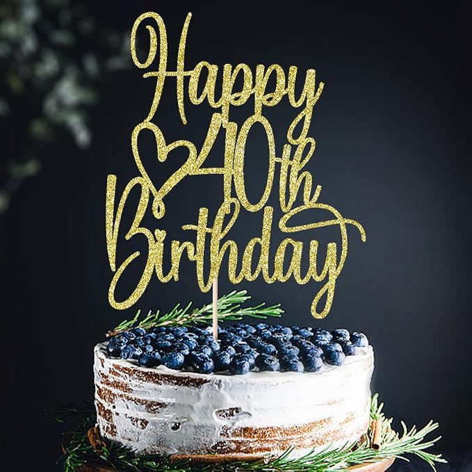Gold Glitter Happy 40th Birthday Cake Topper - Cheers to 40 Years Cake Topper, 40 & Fabulous Cake Decoration for Hello 40th Birthday Anniversary Party Cake Decorations Supplies