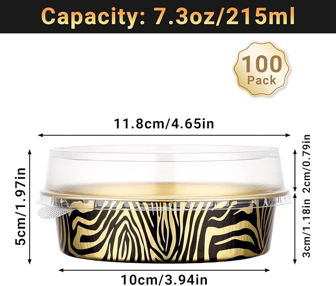 Beasea Disposable Cupcake Pans with Lids, 100 Pack 7.3oz Aluminum Baking Foil Tart Pie Tins, Small Round Tart Containers for Individual Dessert Muffin Cheesecake Quiche Oven Dishes - Tiger Stripes