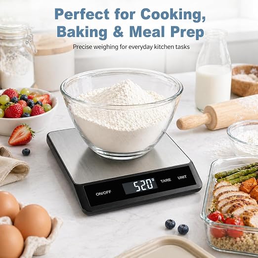 33LB/15KG Digital Kitchen Scale, USB Rechargeable Stainless Steel | 1g precision food scale with tare, 6 units and easy-clean platform for cooking, baking, meal prep and portion control