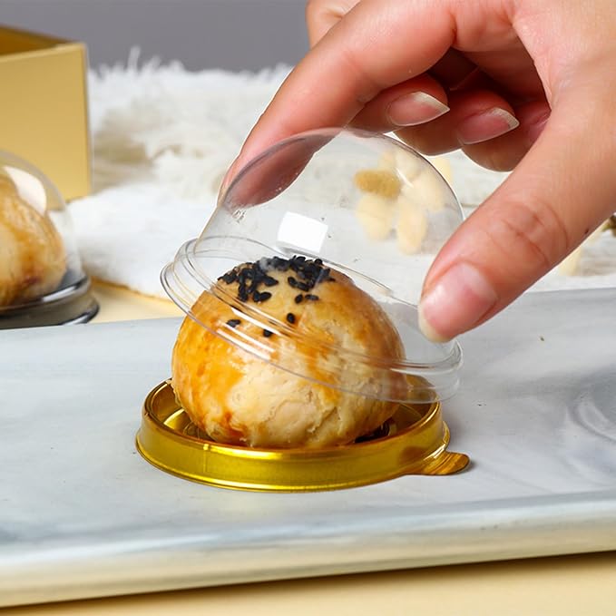 EchoDone 50 Set Clear Plastic Mini Cupcake Boxes Muffin Pod Dome Muffin Single Container Box Wedding Birthday Boxes (Gold)
