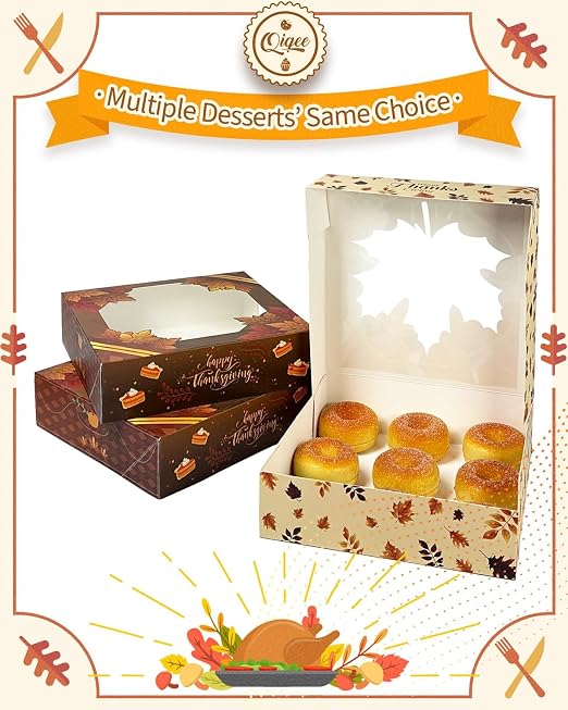 qiqee Thanksgiving Cookie Boxes with Window Autumn Maple Leaf Treat Boxes Bakery Pastry Box Auto-pop up 30pcs 8x8x2.5 Inch For Fall Harvest, Wedding, Thanksgiving Party Supplies