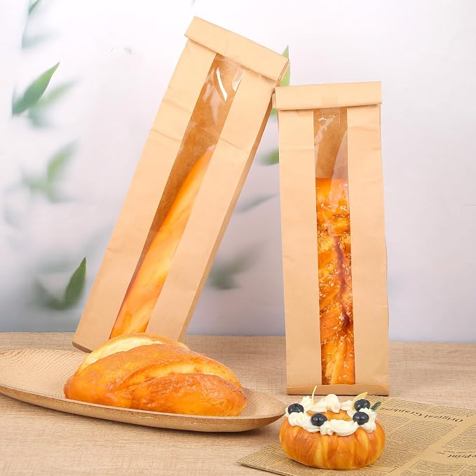 100 Pack 23.22 x 4.33 x 1.57 Inch Baguette Bread Bags with Clear Window, Long French Bread Bag, Paper Bakery Storage Bags for Homemade Breads, Pastries, and Snack