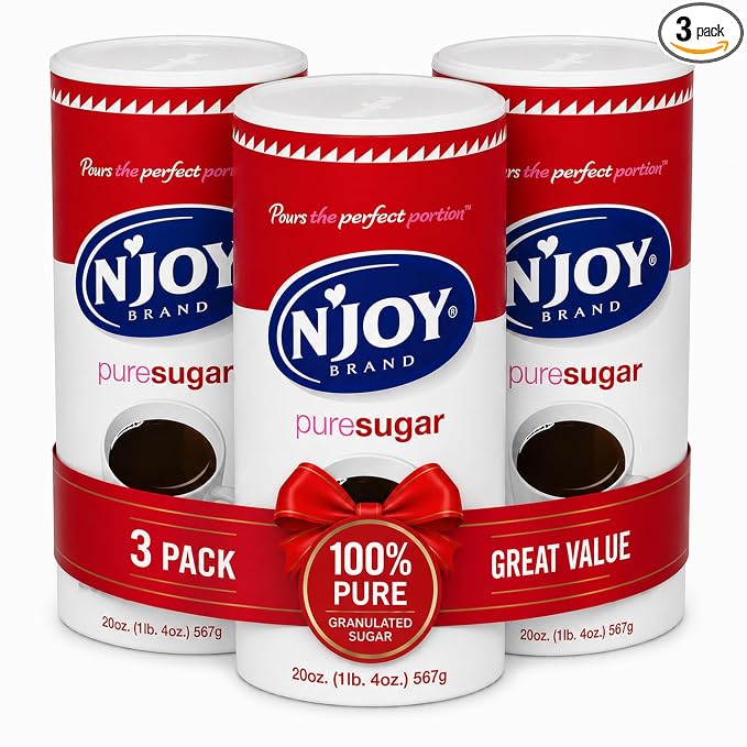 N'Joy Pure Sugar, Pack of 3 Canisters w/EZ-Open Pour Spout (20 oz each) - Smooth Granulated Sugar for Coffee Bars, Cafes, Restaurants and Canister for Office - Shelf Stable & No Refrigeration Needed