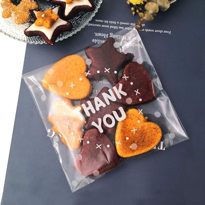 200pcs Clear Self-Adhesive Treat Bags – Cellophane Cookie & Candy Bags with “THANK YOU” Design for Bakery & Party Favors (5.5” x 5.5”)