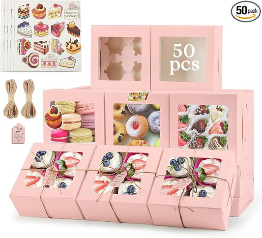 OAMCEG 50 Pack Cupcake Boxes with Window, 6x6x3 Inches Cookie Boxes, Bakery Treat Boxes for Pastry, Desserts, Chocolate Strawberries, Cupcake Containers, Gift Giving with Stickers & Twine （Pink）