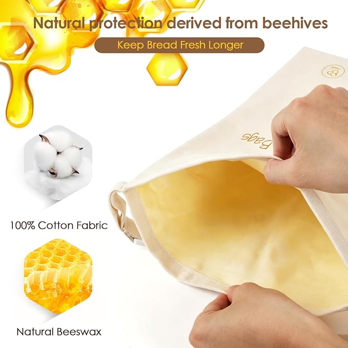 2-Pack Reusable Beeswax Bread Bags - Large 17x13 Inch for Sourdough & Homemade Bread Storage | All-Natural Beeswax Preservation, Eco-Friendly Cotton Food Bags - Easy to Clean & Daily Use