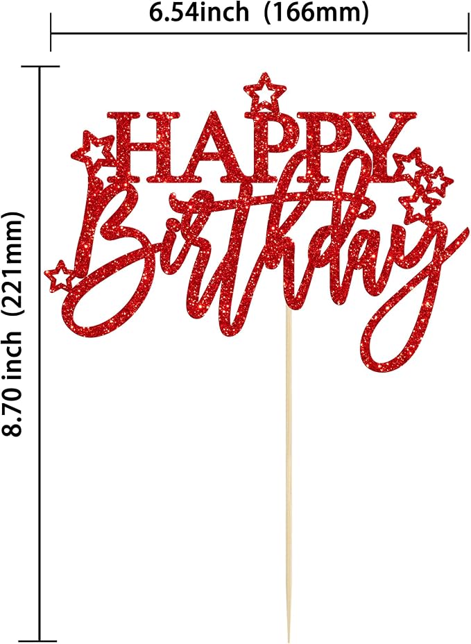Gyufise 1Pcs Happy Birthday Cake Topper Glitter Happy Birthday Cake Pick for Celebrating Happy Birthday Anniversary Theme Party Cake Decorations Supplies Light Red