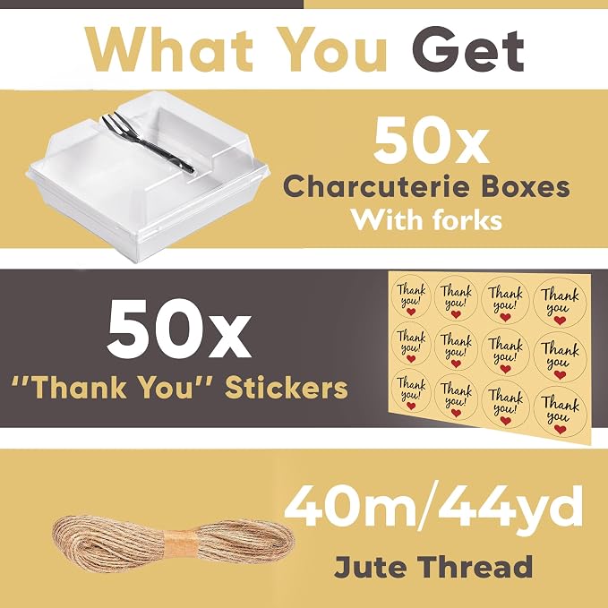 Leafiew 50 Pack Small Charcuterie Boxes with Clear Lids and Forks - To Go Paper Mini Charcuterie Box, Disposable Food Containers, 5Inch Dessert Boxes for Cookie, Cake Slice, Strawberries (White)