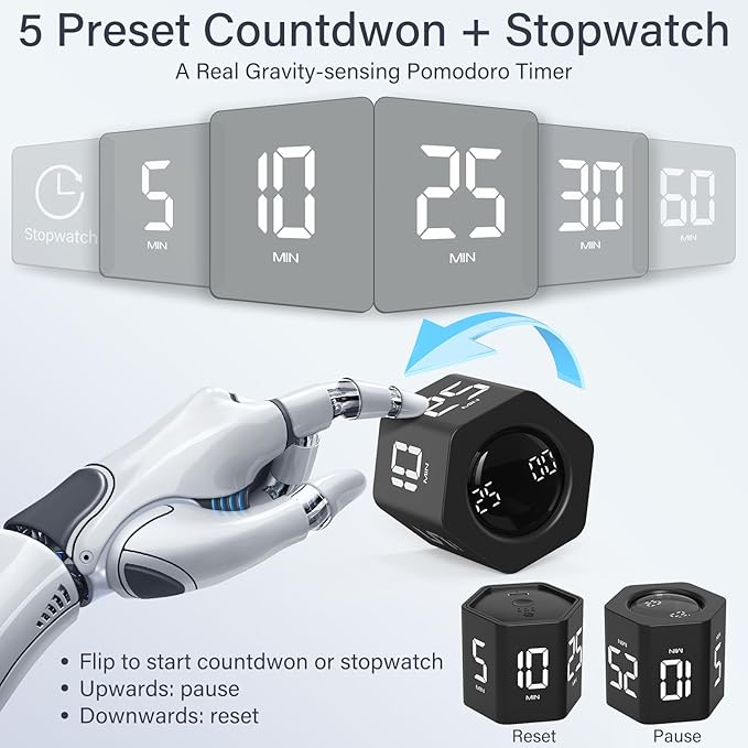 Rotating Pomodoro Timer 5, 25, 10 30,60 Mins Preset Stopwatch, Desk Flip ProductivityTimer, ADHD Tool Hexagon, Vibration/Mute/Alarm, for Work, Study, Back to School, Kitchen, Black