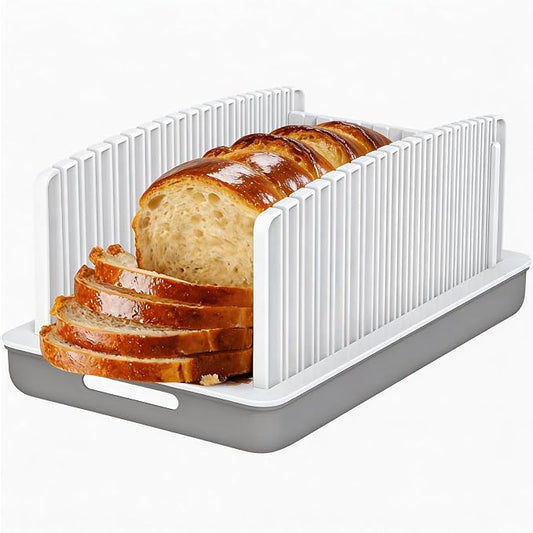 NIUXX Bread Slicer for Homemade Bread: Adjustable Width and Thickness Bread Slicer Guide with Crumb Tray, Foldable Compact Loaf Cutting Guide for Sourdough and Bagels