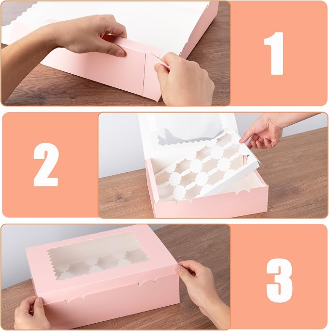 12 Count Cupcake Boxes, 4PCS Cupcake Container with Window, Food Grade Cupcake Holder for Birthday Holiday Party, Bakery Supplies for Cupcakes, Desserts, and More (Pink)