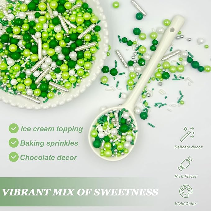 Sprinkles for Cake Decorating, 4.6oz Green and White Pearl Silver Jimmies St. Patrick’s Day Sprinkles Mix for Baking Cookies Cupcake Ice Cream