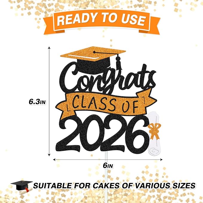 Congrats Class of 2026 Cake Topper Congrats Grad Cap Diploma Theme for High School Happy Graduation Party Supplies College Graduate Decoration (Orange)