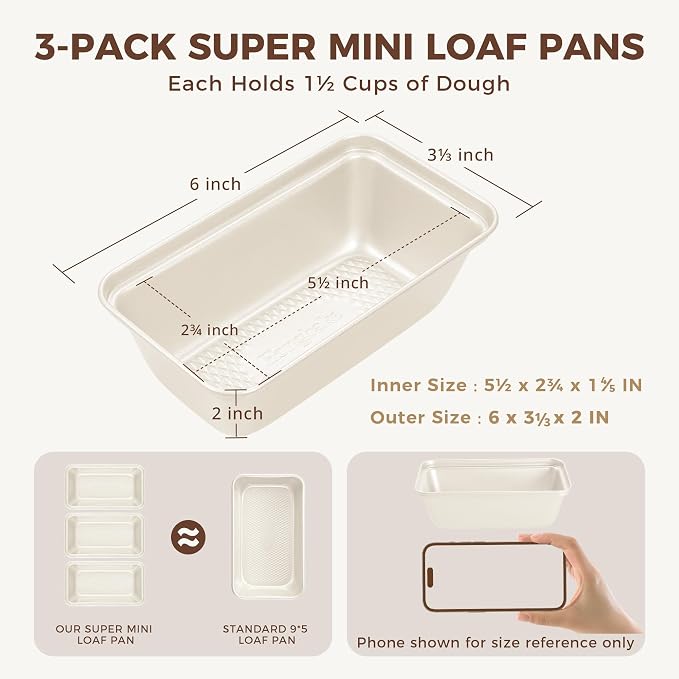 HONGBAKE 3 Pack Nonstick Mini Loaf Pans, 6 x 3.3 x 2 Inch Small Bread Pans for Homemade Bread, Tiny Banana Baking Tins with Diamond Texture, Non-toxic Mini Meatloaf Pans Set, Creamy