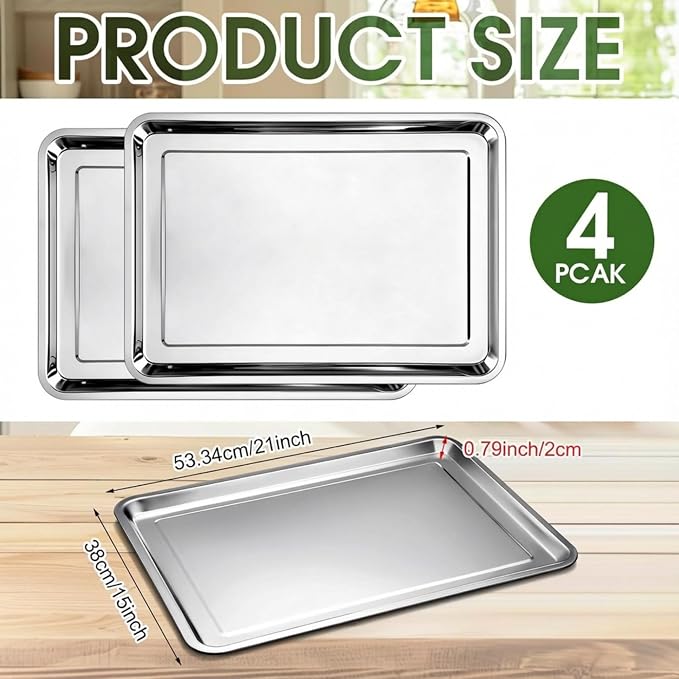 Ceenna 4 Pack Full Sheet Pan 21 x 15 Inch Baking Cookie Sheet Extra Large Nonstick Pan Roasting Steel Tray Commercial Quality Pans for Oven Restaurant Kitchen
