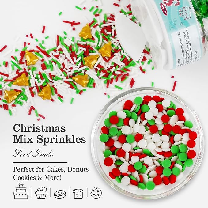 Christmas Sprinkles for Cake Decorating, 160g/5.64oz, Red & White & Green Sprinkles Mix, Christmas Tree Bells, Cake Decorations, Baking, Cupcake, Cookies Topper, Foodgrade