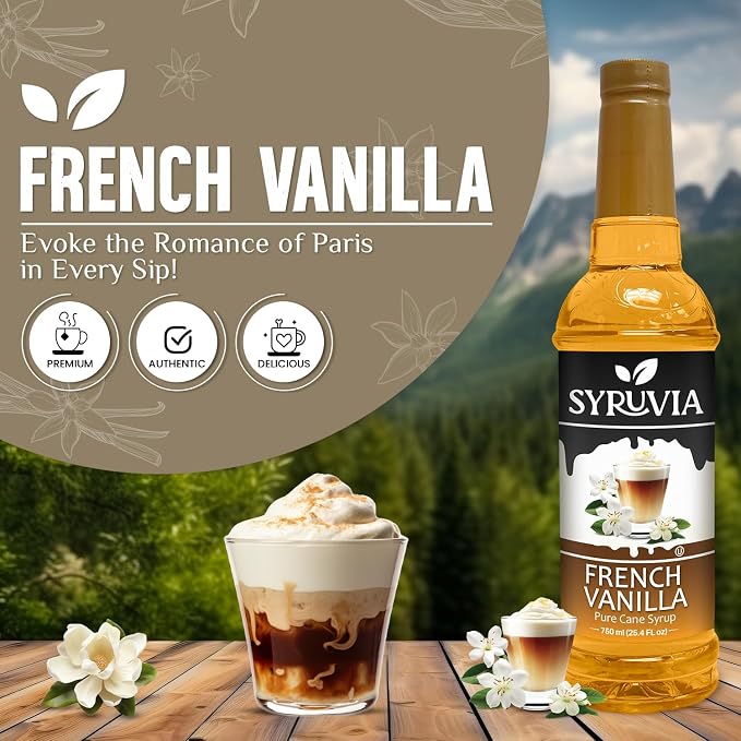 Syruvia Coffee Syrup, French Vanilla Flavored Syrup for Drinks, Lattes, and Desserts – 25.4 fl oz - with Pump