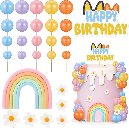38 Pcs Rainbow Cake Topper with Daisy Balls Cake Topper, Pastel Cupcake Toppers Cake Decorations for Birthday Wedding Party Supplies