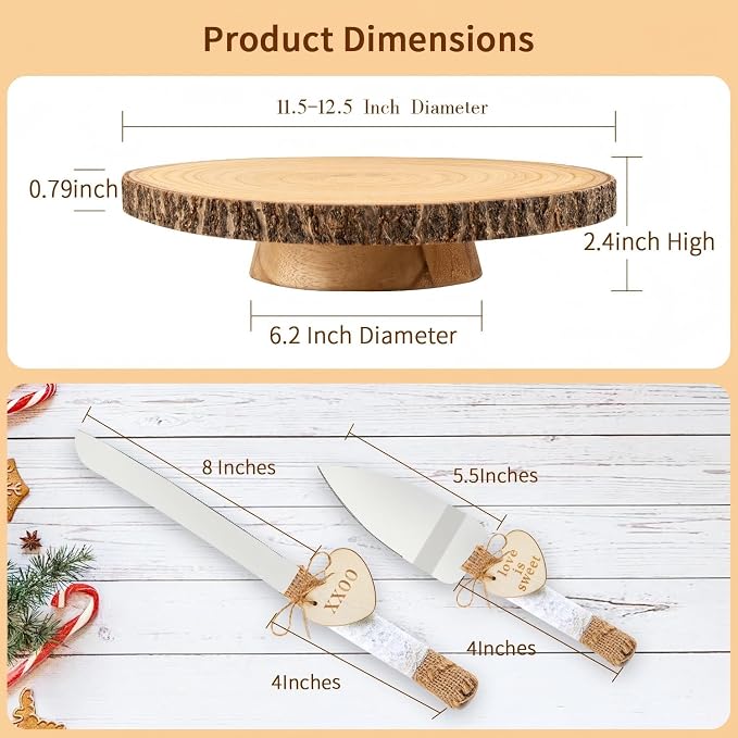 11.5"-12.5" Wood Cake Stand with Cake Cutting Set (Knife and Server) - Rustic Wooden Cake Holder for Decorating, Party, Wedding, Baby Showers, Reception, Event - Ideal Baking Gift & Home Decor