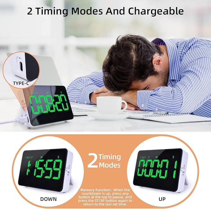 Rechargeable Digital Kitchen Timer for Cooking, Magnetic Timers with Countdown/up, Kids Timer with 5”LED Display 3 Brightness 4 Volume Adjustable for Classroom/Office/Home/Work/Fitness/Game(Green)