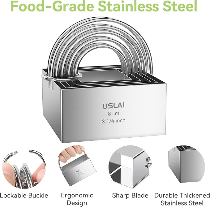 USLAI Biscuit Cutter Set (1.75, 2, 2.5, 2.75, 3.25 Inch), Stainless Steel Square Cookie Cutter with Handle, Professional Kitchen Baking Dough Tools, 5 Pieces - Square