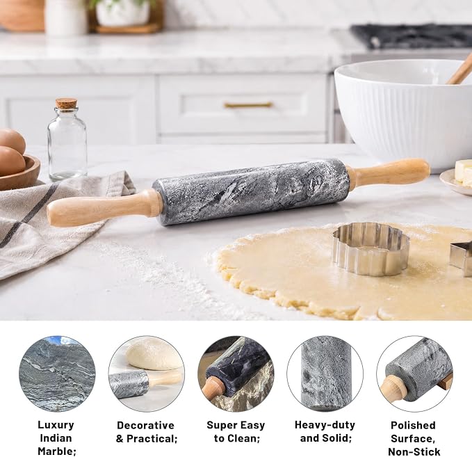 Koville Marble Rolling Pin, Non-Stick Polished Dough Roller, Pasta, Dumpling, Ravioli, Fondant,Pie Crust, Kitchen Baking Pastry Tools Grey Marble