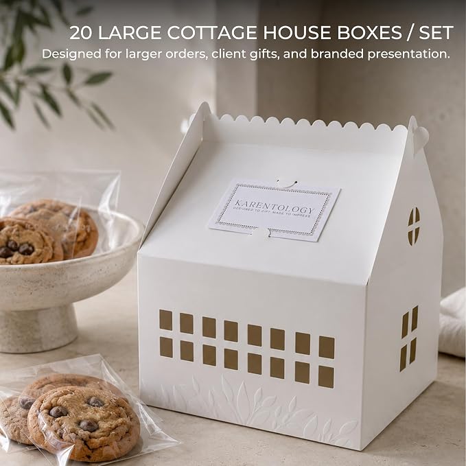 20 Pcs Large Cottage House Cookie Boxes with Window & Business Card Holder, White 7 x 7 x 8.5 in Gable Bakery Gift Boxes for 2 Dozen Cookies, Treats, Desserts, Realtor Gifts & Party Favors