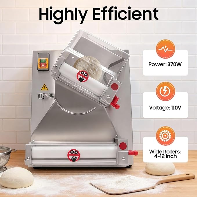 4-12" Pizza Dough Roller Sheeter, 110V 370W Automatic Stainless Steel Pizza Press Dual Rollers Press Machine Adjustable Thickness Pastry Sheeter w/Cover for Pie Crusts Pita Breads Tortillas