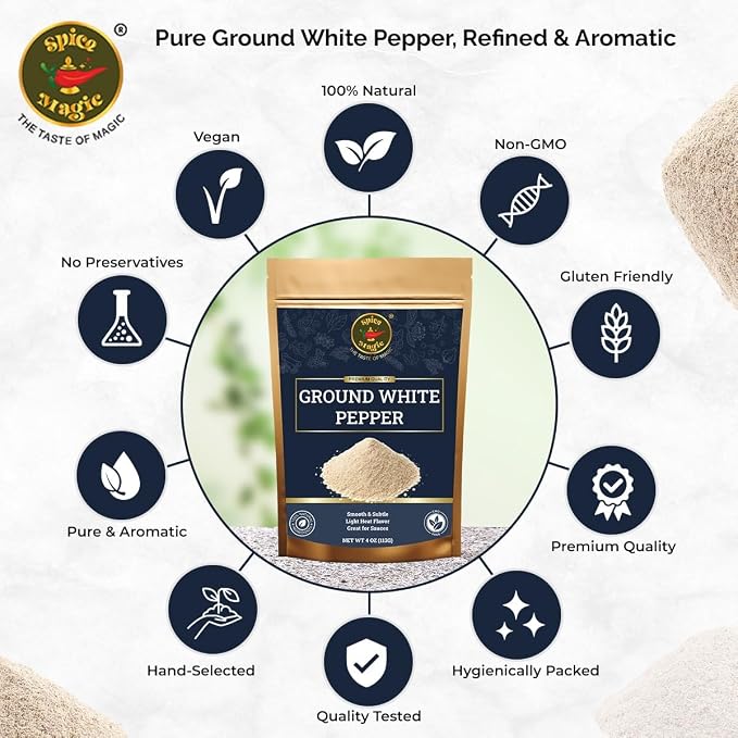 Spice Magic Ground White Pepper 4 oz | Gentle, Mild Heat and Subtle Flavor Perfect For Light Sauces, Soups, Chicken, and Seafood.