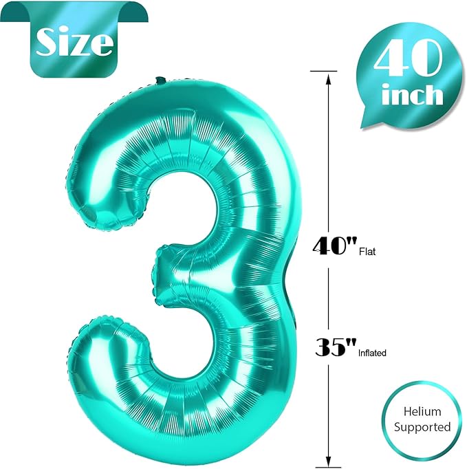 Teal Blue 3 Balloon, Number Balloons 40 Inch, 3rd Birthday Decorations for Kids Girls Women Party Supplies for Party Decorations, Number 3 Balloon