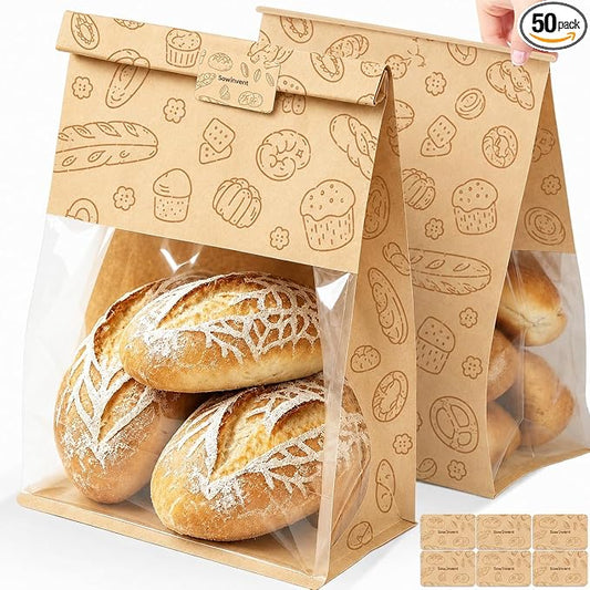 Extra Large Bread Bags for Homemade, 50 Count, 50% Thicker Sourdough Paper With Ties, 15.7 * 10.2 * 5.1 in, Tin Tie Tab Lock Bakery Bags With Window and Sealing Stickers for Storage Packaging Gifting