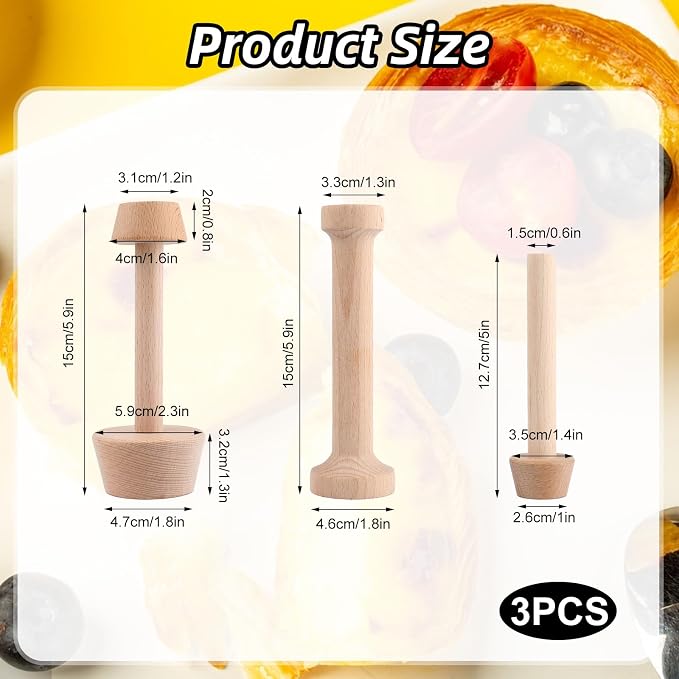 3 Pcs Wooden Tart Tamper Set,Double Sided Pie Pastry Dough Tamper,Natural Beech Wood Pastry Dough Press,Baking Tools for Egg Tarts