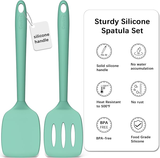 Coukre 2 Pack Silicone Spatula Set, High Heat Resistant, BPA Free Kitchen Spatula, Solid & Slotted Turner for Non-Stick Pans, Sautéing, and Flipping (2, SolidAquaGreen)