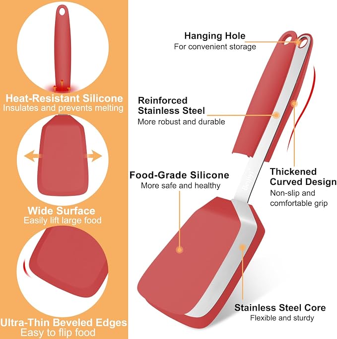 Beijiyi Silicone Spatula Turner, 600°F Heat Resistant, 13 x 3.2 in (Red) | BPA Free, Non-Toxic, Flexible Turner, Non Scratch for Non Stick Frying Pan, Flipping, Cooking, Dishwasher Safe