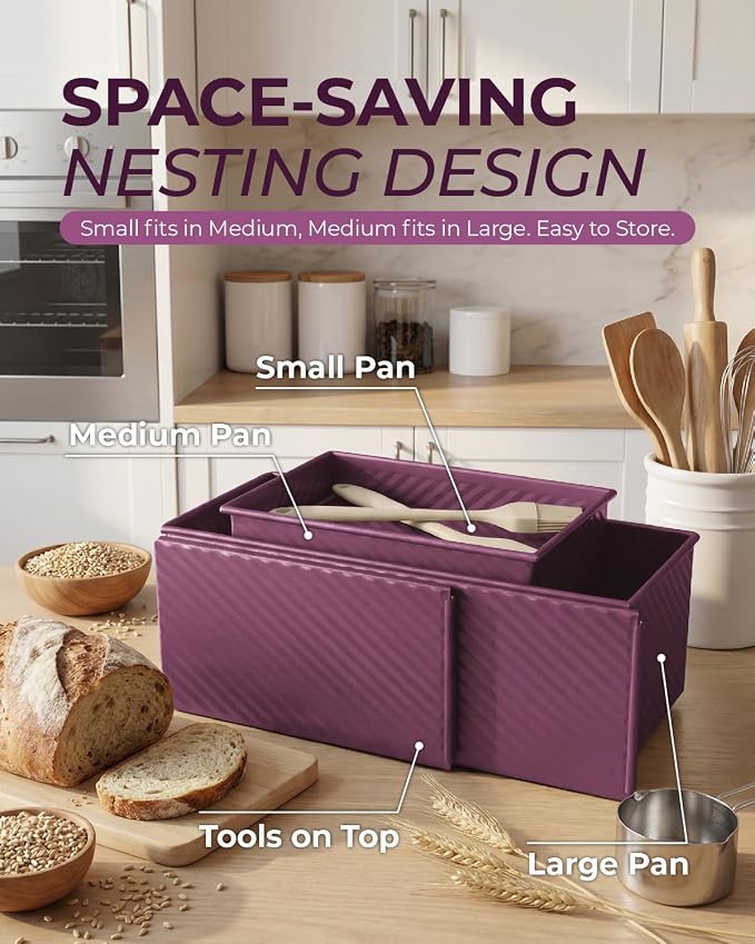 CARTMAN 3-Piece Pullman Loaf Pan with Lid Set – Non-Stick Carbon Steel Bread Pan with Bottom Vents – Includes Large (12"), Medium (8") & Mini (7") Sizes plus Silicone Tools – Plum Purple