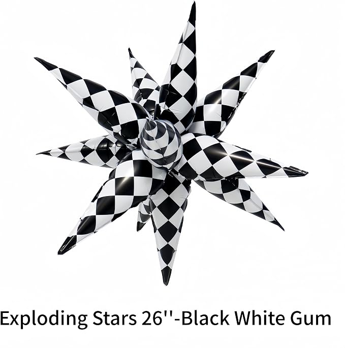 2 * 12 Pcs Black White Checkered Explosion Pointed Star Foil Balloons/Talladega Nights Racing Balloons/Race Car Birthday Supplies/Las Vegas Casino Party/Father's Day Boys Birthday Party (2 Pcs Black)