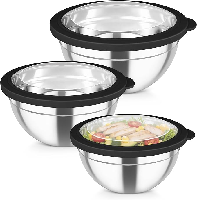 TeamFar Mixing Bowls, 4.5/3/1.5 QT Stainless Steel Nesting Salad Bowls with Airtight Lids, For Serving/Mixing/Storing/Prepping, Non-Toxic & Sturdy, Visible & Easy Clean, Black, Set of 3