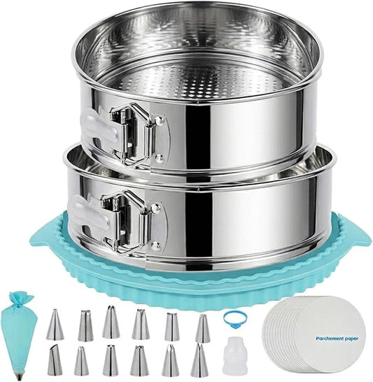 Springform Pan Set for Baking (9,10inches), 304 Stainless Steel Springform Cake Pan with Removable Bottom, Cheesecake Pan with 50PCS Parchment Paper for Pie Cake Pizza and Quiches